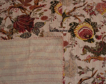 Trapunta kantha indiana fatta a mano Stampa floreale Copriletto Kantha Coperta in cotone Copriletto Gudari King Copriletto kantha indiano