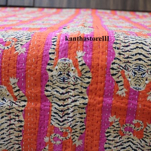 Indian Tiger Hand Print Kantha Quilt Handmade bedcover Vintage Kantha Bedspread Queen size Kantha Twin Size Stripe Print Throw @madebysakshi