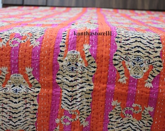 Handmade Tiger Print Kantha Quilt: Vintage Indian Bedspread