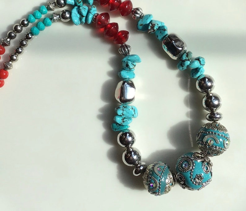 Recycled Beads Turquoise Stones Toggle Silver Beads Ethically Made Fair Trade Bubble Necklace Moroccan Bauble Necklace