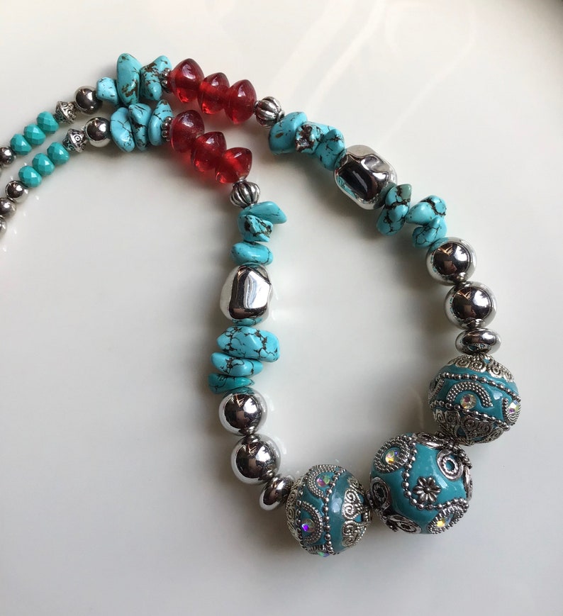 Recycled Beads Turquoise Stones Toggle Silver Beads Ethically Made Fair Trade Bubble Necklace Moroccan Bauble Necklace