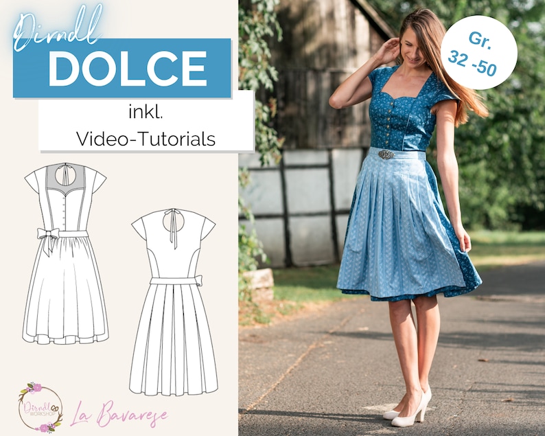 Puede incluir: Un vestido de dirndl azul y blanco con una blusa blanca y una falda azul. El vestido tiene un escote en forma de coraz&oacute;n y un lazo blanco en la cintura. La falda es plisada y tiene un patr&oacute;n blanco. El vestido se muestra en una modelo en un entorno de jard&iacute;n. El texto "Dirndl DOLCE inkl. Video-Tutorials" se muestra sobre el vestido. El texto "Gr. 32-50" se muestra en la esquina superior derecha de la imagen.