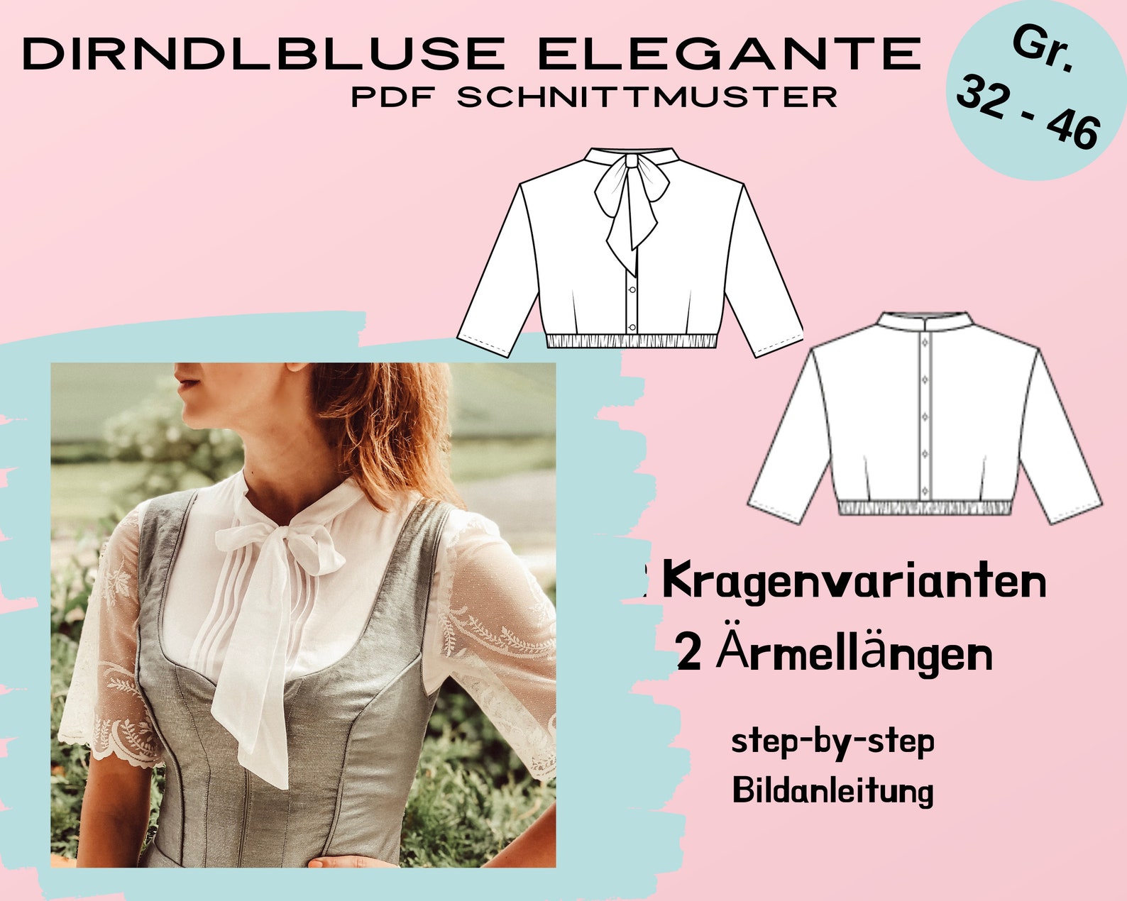 Schnittmuster für hochgeschlossene Dirndlbluse (32-46)