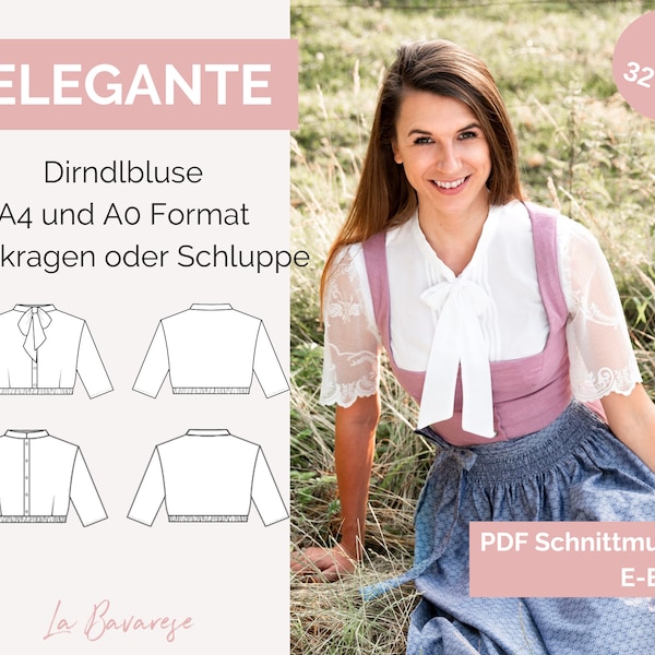 Dirndlbluse ELEGANTE PDF digitales Schnittmuster hochgeschlossene Dirndlbluse Vintage Stil mit Stehkragen, Gr. 32 - 50, Dirndlworkshop