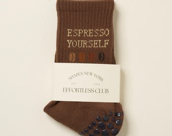 Chaussettes Club Grip sans effort, Chaussettes anti-dérapantes expresso pour vous-même, Chaussettes Pilates épaisses, Chaussettes fitness pour yoga de la barre, Amateurs de café, Grains de café