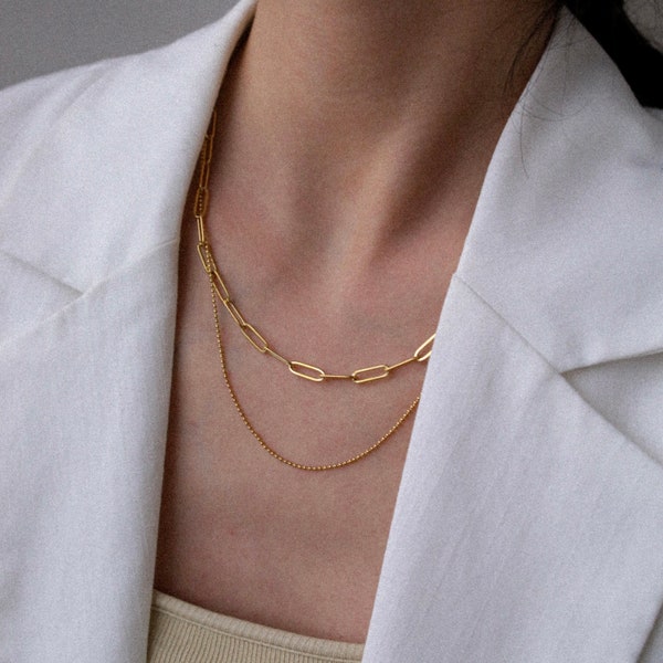 Gold Plated Titanium Double Chain Necklace, Paperclip Chain, Women Minimalist Jewelry, Two Colors