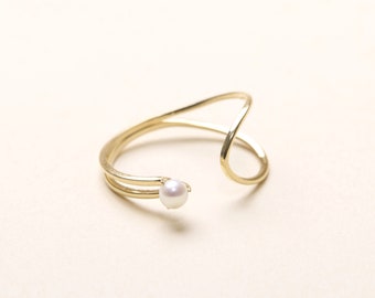 14K Solid Gold Pearl gebogen open ring, handgemaakte sieraden, Zoetwaterparel, 14K gouden ring, gemaakt in de VS