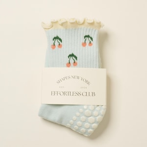 Effortless Club Crew Half Calf Grip Socks, Baby Blue Cherry Pilates Socks, The Cutest Non-Slip Socks, Barre Yoga Fitness
