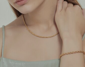 ミニマリスト 18K ゴールド メッキ ツイスト ロープ ネックレス