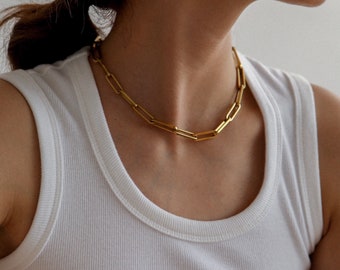 18K Gold Plated Bold Thick Paperclip Chain Necklace, Minimalist Style, Unisex Necklace