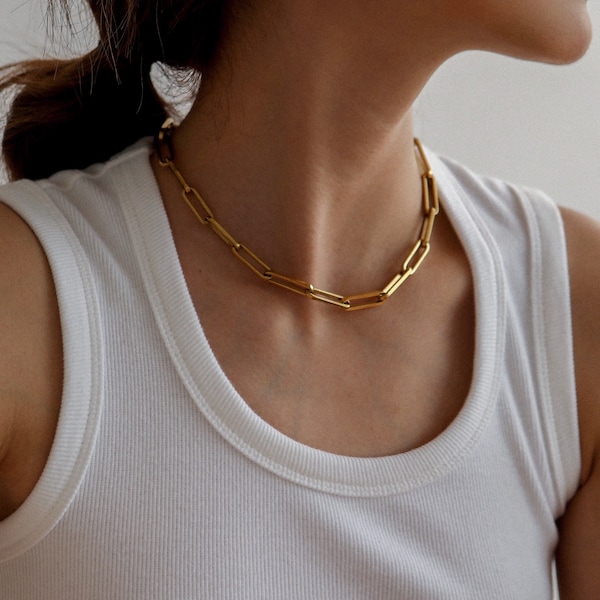 18K Gold Plated Bold Thick Paperclip Chain Necklace, Minimalist Style, Unisex Necklace