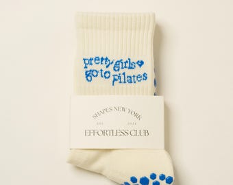 Pretty Girls Go To Pilates - Effortless Club Curated Grip Socks, Pilates Socks, Crew Non-Slip Socks, Pilates Quote, Barre Yoga Fitness Sock