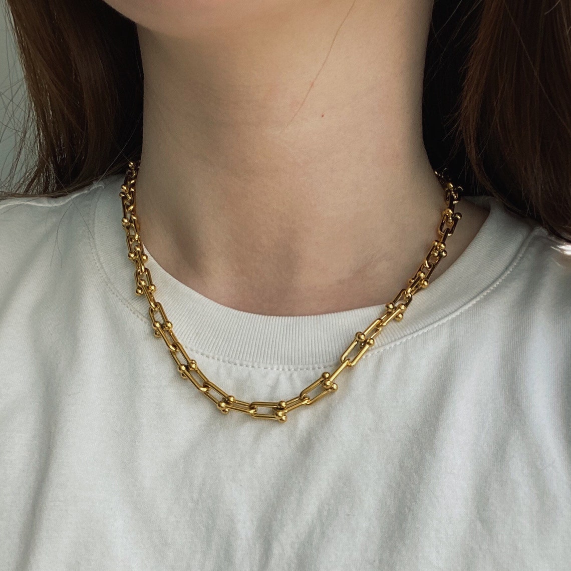 18K Gold Plated Pinball U Shaped Linked Chain Necklace Bold Etsy