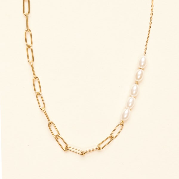 18K Gold Plated Paperclip Chain Freshwater Pearls Necklace, Parisian Styled, Feminine Jewelry