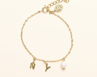 18K Gold over Titanium New York Pearl Bracelet, Custom Initial Bracelet, Women Jewelry