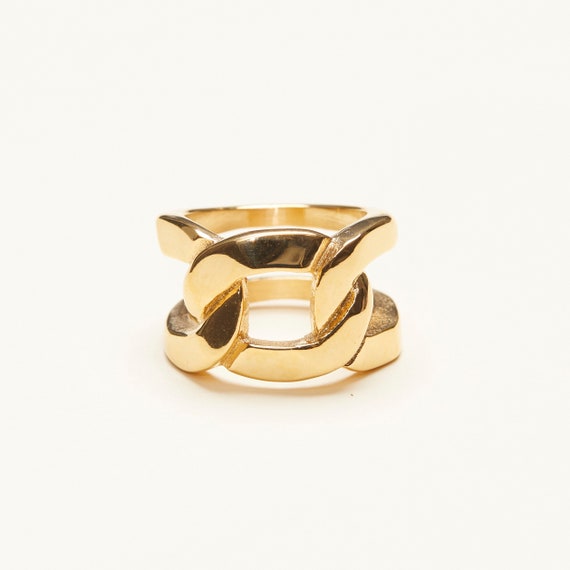 18K Gold Plated Titanium Large Wide Band Chain Ring, Minimalist 