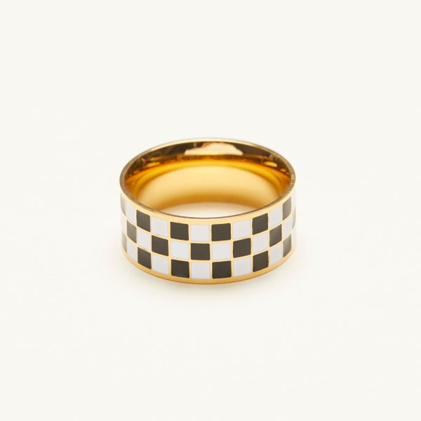 Black and White Checker Band Ring, Funky Ring, 18K Gold Plated Titanium, Women Jewelry