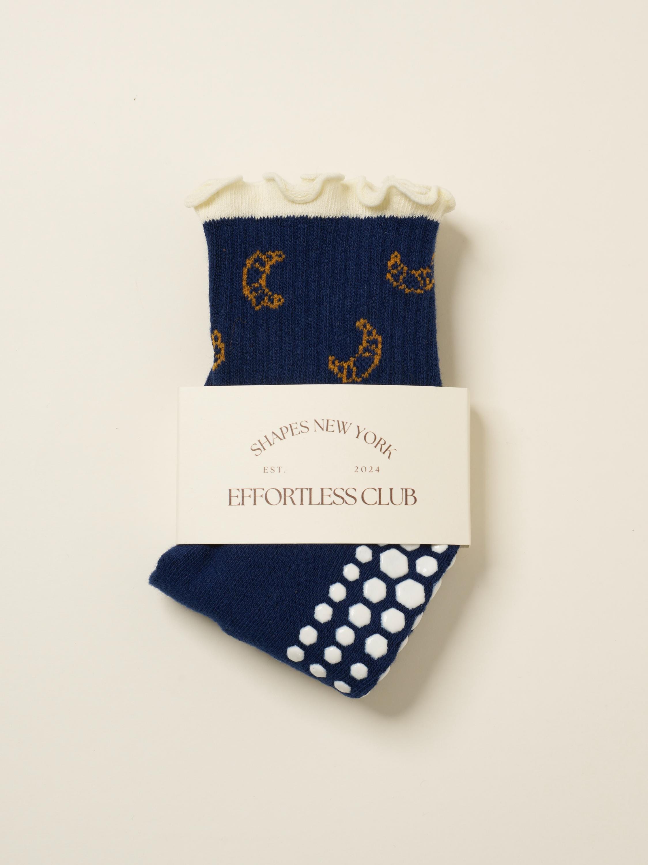 Effortless Club Grip Socks, Parisian Vibes French Croissant Pilates Socks, Crew Half Calf Non-Slip Socks, Barre Yoga Fitness, Ruffle Navy