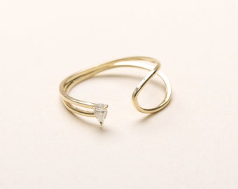 14K Solid Gold Lab Diamond gebogen open ring, 14K gouden ring, handgemaakte ring, gemaakt in de VS