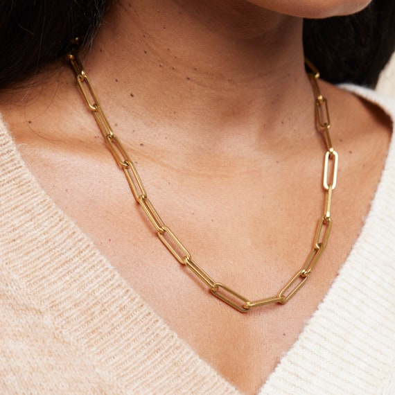 18K Gold Plated Bold Thick Paperclip Chain Necklace, Minimalist