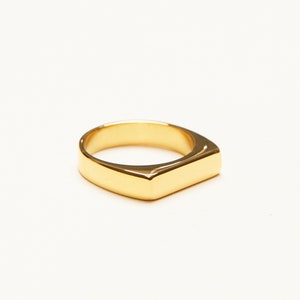 May include: A gold-colored signet ring with a flat, rectangular top.