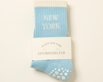 Chaussettes sans effort Club Grip, Chaussettes NEW YORK antidérapantes pour mollets, Chaussettes de yoga à barres, Jolies chaussettes de fitness, Couleur bleu blanc, Taille unique