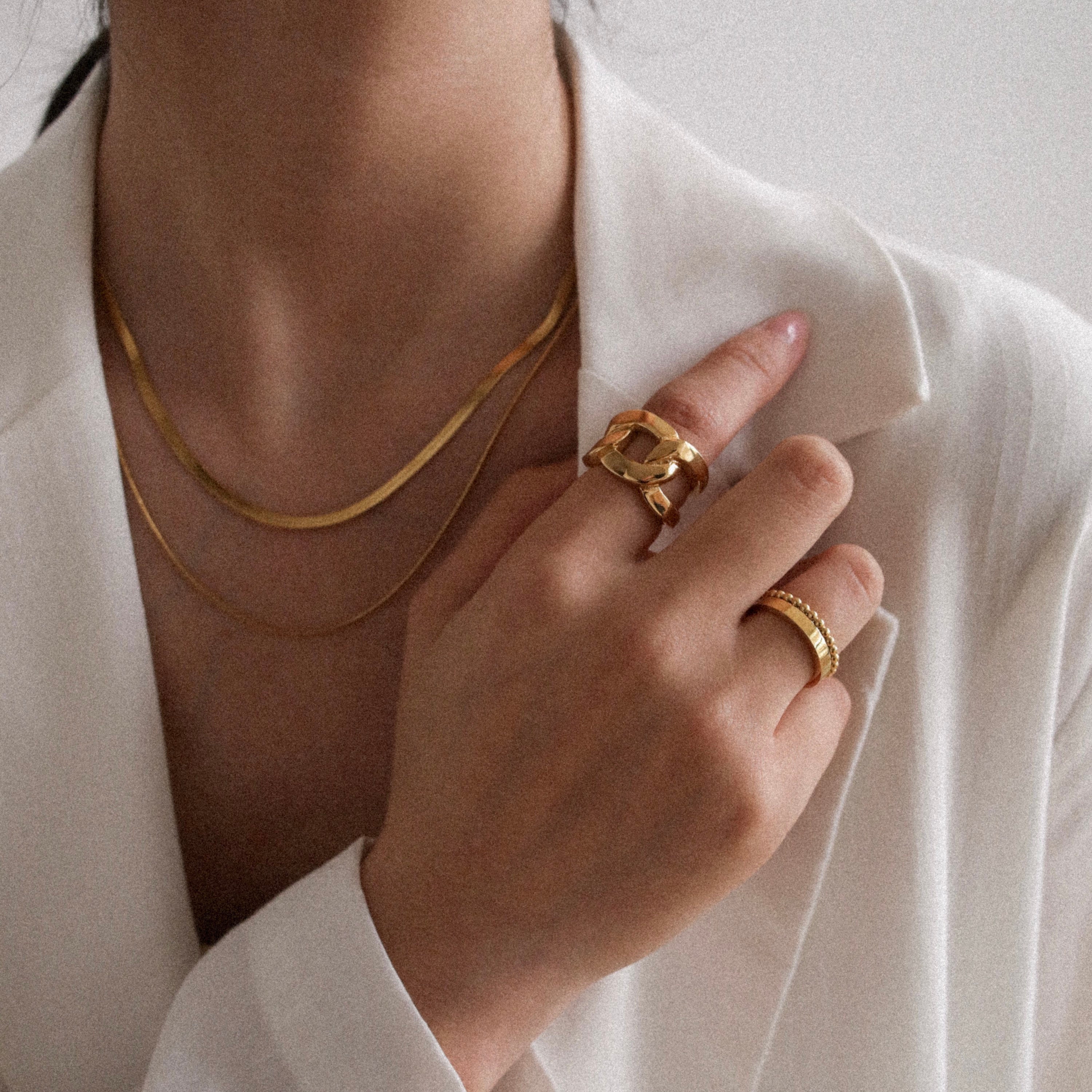 18K Gold Plated Titanium Large Wide Band Chain Ring, Minimalist 