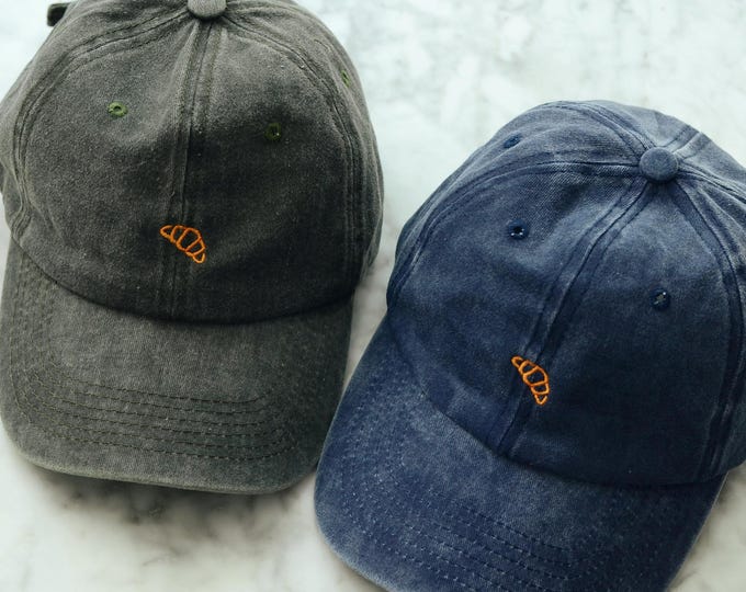 Bisou Bisou French Croissant Embroidered Hat / Baseball Cap, Washed Soft Cotton Pigment Dyed Hat, One Size