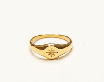 18K Gold Plated Hexagram Signet Ring, Starburst Ring, Minimalist Vintage Styled Women Jewelry, Star Band Ring, Stackable Ring, Pinky Ring