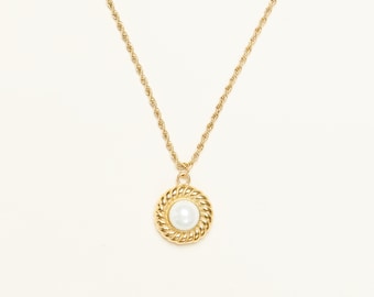Collier pendentif perle acrylique titane plaqué or 18 carats, collier corde torsadée, style français