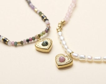 Goud over titanium natuursteen kralenketting, hart bedelketting, handgemaakte sieraden