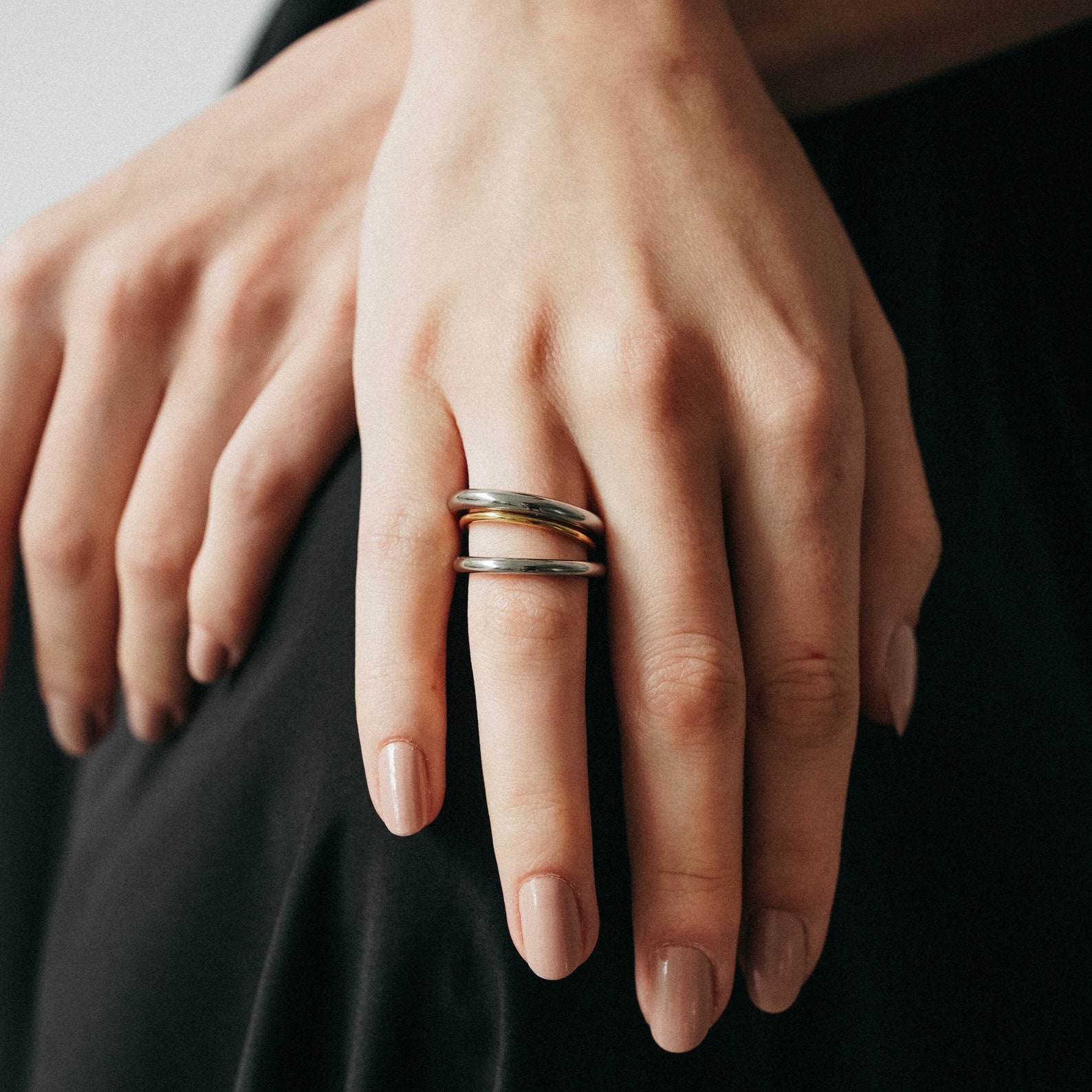 18K Gold Over Titanium Trio Linked Ring, Band Ring, Multi Layered ...
