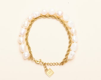 Franse stijl gedurfde zoetwaterparel en touw dubbele armband, natuurlijke zoetwaterparels, Parijse stijl damessieraden, perfect verjaardagscadeau