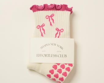 Effortless Club Grip Socks, Spring/Summer Girlie Pink Bow, Crew Half Calf Non-Slip Socks, Cute Girlie Pilates Socks, with Ruffle Details