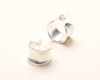 Sterling Silver Concave Stud Hoop Earrings, 925 Silver, Women Silver Earrings, Minimalist Style