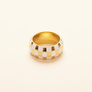 18K Gold Plated Titanium White Checker Band Ring, Bold Ring Checkered Fun Style, Women Jewelry