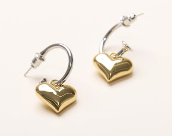 Boucles d'oreilles à breloques coeur bicolore en titane plaqué or 18 carats, or et argent, bijoux faits main