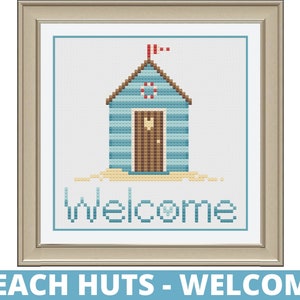 Welcome Beach Huts - Padrão de gráfico em ponto cruz para impressão - Download instantâneo de PDF digital - Design costeiro de verão