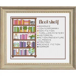 Puede incluir: Un patr&oacute;n de punto de cruz de una estanter&iacute;a con libros de diferentes colores, plantas y objetos decorativos. La estanter&iacute;a est&aacute; etiquetada con diferentes g&eacute;neros de libros, incluyendo romance, contempor&aacute;neo, no ficci&oacute;n, thriller/misterio, hist&oacute;rico, acci&oacute;n/aventura, cl&aacute;sicos, fantas&iacute;a, ciencia ficci&oacute;n y horror.