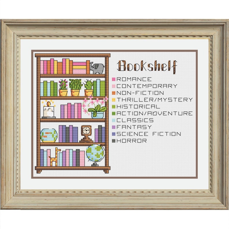 Puede incluir: Un patr&oacute;n de punto de cruz de una estanter&iacute;a con libros de diferentes colores, plantas y objetos decorativos. La estanter&iacute;a est&aacute; etiquetada con diferentes g&eacute;neros de libros, incluyendo romance, contempor&aacute;neo, no ficci&oacute;n, thriller/misterio, hist&oacute;rico, acci&oacute;n/aventura, cl&aacute;sicos, fantas&iacute;a, ciencia ficci&oacute;n y horror.