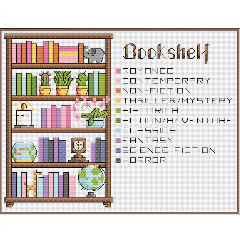 Puede incluir: Una estanter&iacute;a de madera marr&oacute;n con cinco estantes llenos de libros, plantas, una vela, una pecera, un reloj, un globo terr&aacute;queo y una figurita de jirafa. Los estantes est&aacute;n etiquetados con diferentes g&eacute;neros de libros, incluyendo romance, contempor&aacute;neo, no ficci&oacute;n, thriller/misterio, hist&oacute;rico, acci&oacute;n/aventura, cl&aacute;sicos, fantas&iacute;a, ciencia ficci&oacute;n y horror.