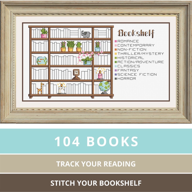 104 Book Reading Tracker Bookshelf Printable Cross Stitch Etsy