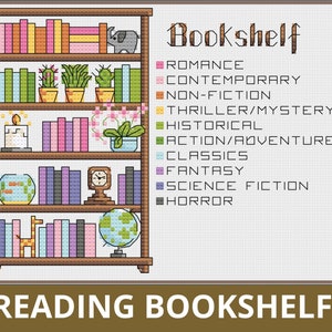 Puede incluir: Un patr&oacute;n de punto de cruz de una estanter&iacute;a con libros de diferentes colores, plantas y objetos decorativos. La estanter&iacute;a est&aacute; etiquetada con diferentes g&eacute;neros de libros, incluyendo romance, contempor&aacute;neo, no ficci&oacute;n, thriller/misterio, hist&oacute;rico, acci&oacute;n/aventura, cl&aacute;sicos, fantas&iacute;a, ciencia ficci&oacute;n y horror. El texto en la parte inferior de la imagen dice "Reading Bookshelf".