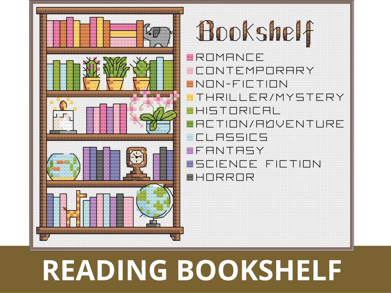 Puede incluir: Un patr&oacute;n de punto de cruz de una estanter&iacute;a con libros de diferentes colores, plantas y objetos decorativos. La estanter&iacute;a est&aacute; etiquetada con diferentes g&eacute;neros de libros, incluyendo romance, contempor&aacute;neo, no ficci&oacute;n, thriller/misterio, hist&oacute;rico, acci&oacute;n/aventura, cl&aacute;sicos, fantas&iacute;a, ciencia ficci&oacute;n y horror. El texto en la parte inferior de la imagen dice "Reading Bookshelf".