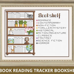 Puede incluir: Una estanter&iacute;a de madera marr&oacute;n con cinco estantes, cada uno lleno de libros. Los estantes est&aacute;n etiquetados con diferentes g&eacute;neros, incluyendo romance, contempor&aacute;neo, no ficci&oacute;n, thriller/misterio, hist&oacute;rico, acci&oacute;n/aventura, cl&aacute;sicos, fantas&iacute;a, ciencia ficci&oacute;n y horror. La estanter&iacute;a es un rastreador de lectura para 52 libros.