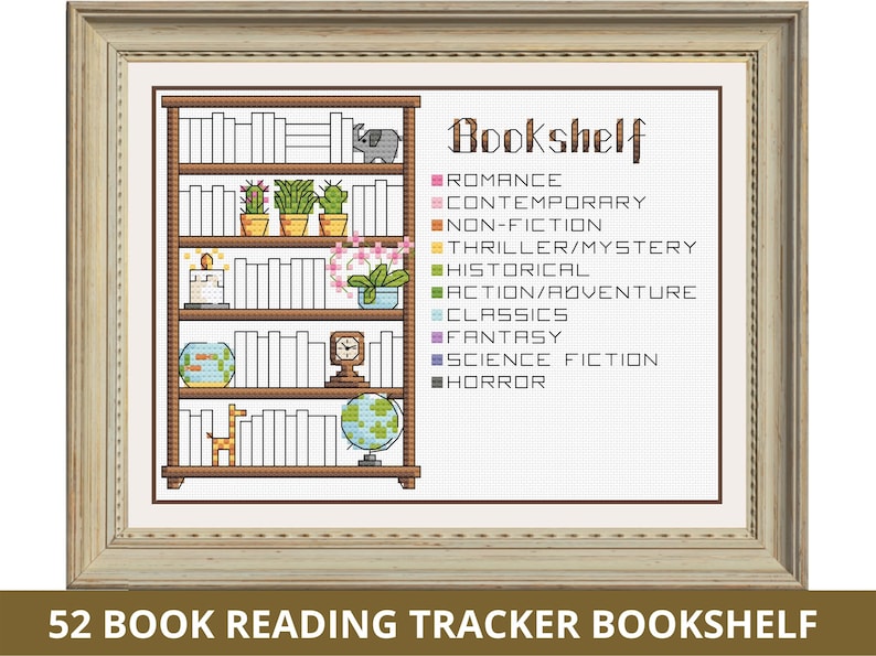 Puede incluir: Una estanter&iacute;a de madera marr&oacute;n con cinco estantes, cada uno lleno de libros. Los estantes est&aacute;n etiquetados con diferentes g&eacute;neros, incluyendo romance, contempor&aacute;neo, no ficci&oacute;n, thriller/misterio, hist&oacute;rico, acci&oacute;n/aventura, cl&aacute;sicos, fantas&iacute;a, ciencia ficci&oacute;n y horror. La estanter&iacute;a es un rastreador de lectura para 52 libros.