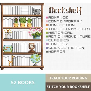 Puede incluir: Una estanter&iacute;a de madera marr&oacute;n con cinco estantes, cada uno lleno de libros. Los estantes est&aacute;n decorados con peque&ntilde;os objetos, incluyendo una planta en maceta, un globo terr&aacute;queo, un reloj, una pecera y una figura de jirafa. La estanter&iacute;a est&aacute; etiquetada como "Bookshelf" y tiene una lista de g&eacute;neros de libros, incluyendo romance, contempor&aacute;neo, no ficci&oacute;n, thriller/misterio, hist&oacute;rico, acci&oacute;n/aventura, cl&aacute;sicos, fantas&iacute;a, ciencia ficci&oacute;n y horror. El texto "52 Books" se muestra debajo de la estanter&iacute;a.