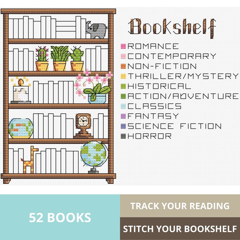 Puede incluir: Una estanter&iacute;a de madera marr&oacute;n con cinco estantes, cada uno lleno de libros. Los estantes est&aacute;n decorados con peque&ntilde;os objetos, incluyendo una planta en maceta, un globo terr&aacute;queo, un reloj, una pecera y una figura de jirafa. La estanter&iacute;a est&aacute; etiquetada como "Bookshelf" y tiene una lista de g&eacute;neros de libros, incluyendo romance, contempor&aacute;neo, no ficci&oacute;n, thriller/misterio, hist&oacute;rico, acci&oacute;n/aventura, cl&aacute;sicos, fantas&iacute;a, ciencia ficci&oacute;n y horror. El texto "52 Books" se muestra debajo de la estanter&iacute;a.