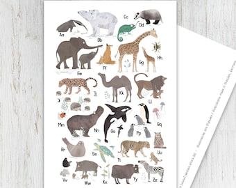 Carta ABC, alfabeto animale, carta di ritorno a scuola, cartolina, illustrazione, animali, bambini animali, compleanno dei bambini