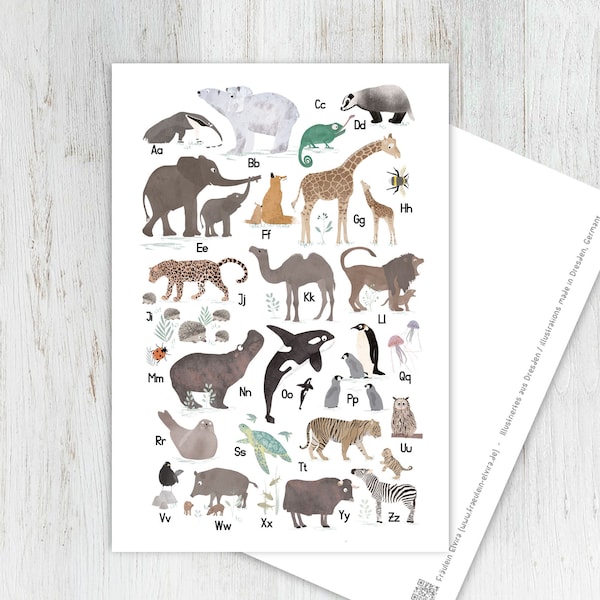 ABC Karte, Tieralphabet, Karte Schulanfang, Postkarte, Illustration, Tiere, Tierkinder, Kindergeburtstag